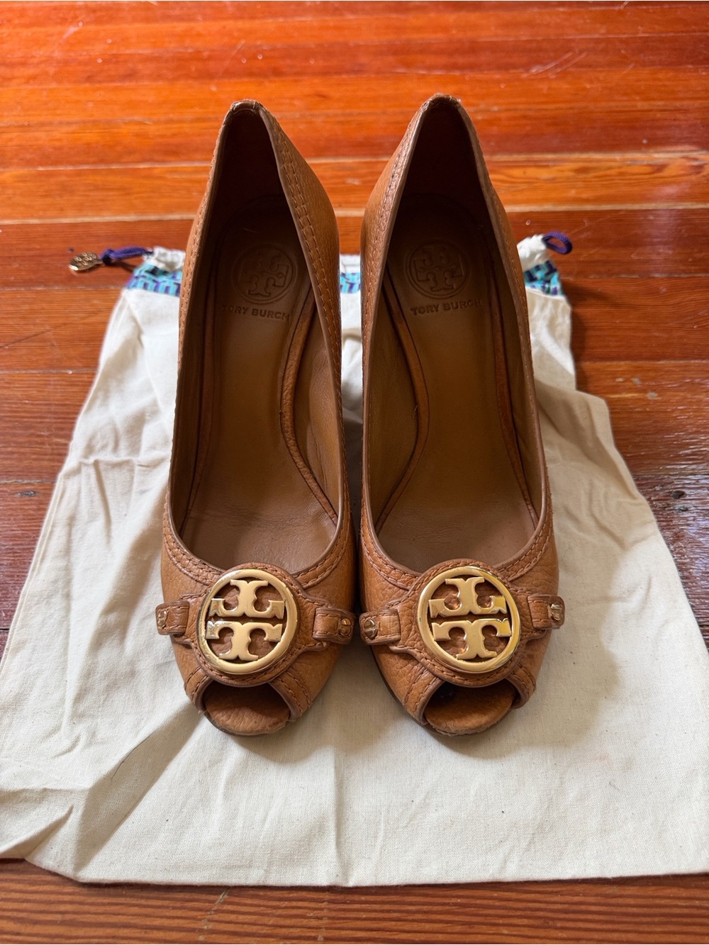 Tory Burch Tan Leather Peep-Toe Wedges with Signature Medallion